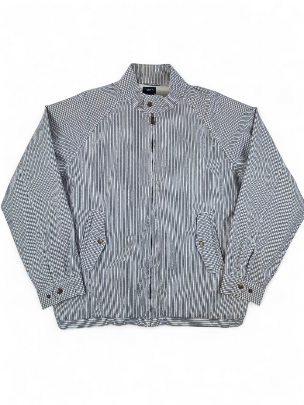 Seersucker Bomber Jacket Blue White Stripe Cotton Men Size L Preppy Coastal